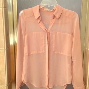 Pink polyester translucent button down